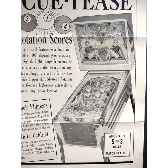 Cue-Tease Pinball Machine Flyer 1963 Original Game Art Pool Table Billiards - Picture 2 of 3